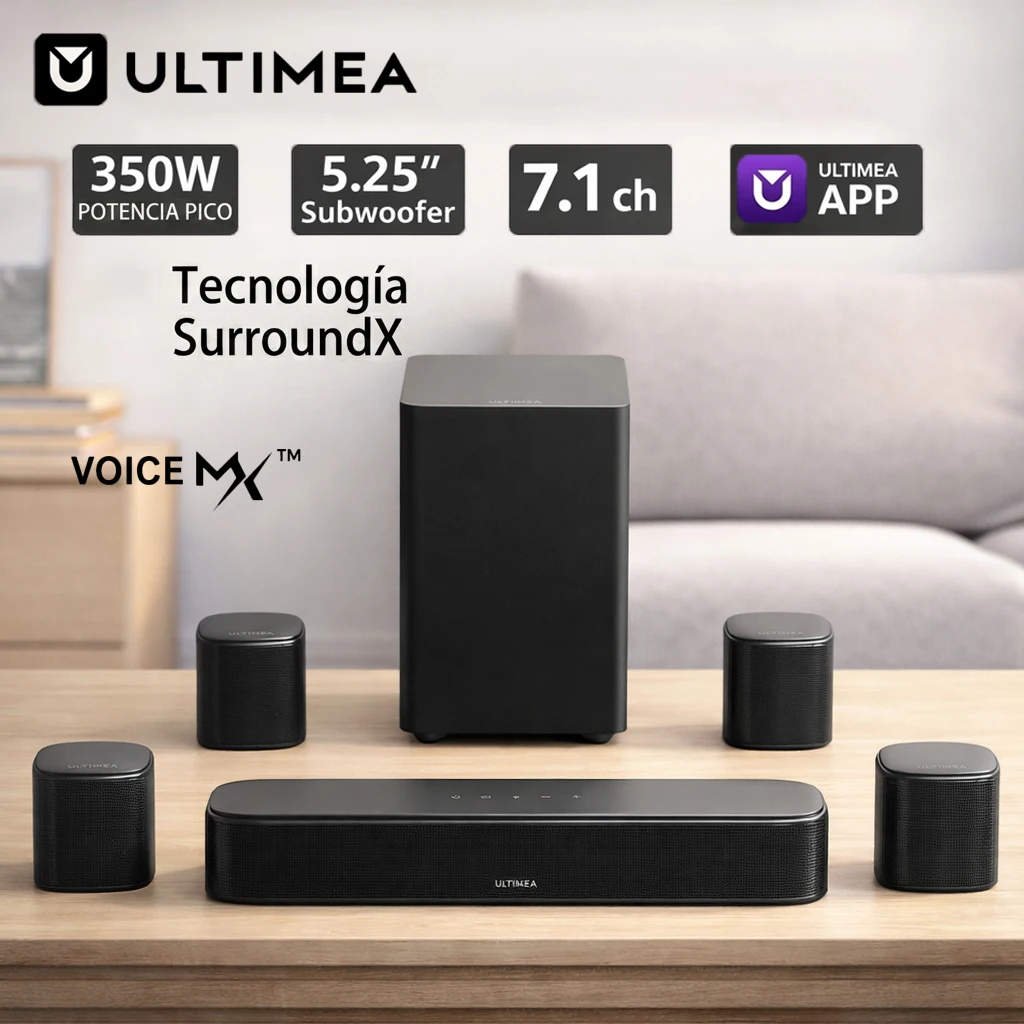 ULTIMEA Aura S4T 350W Barra de Sonido 7.1ch en Kit para TV con Subwoofer, 4 Altavoces Envolventes y Soportes de Montaje, Sistema de Cine en