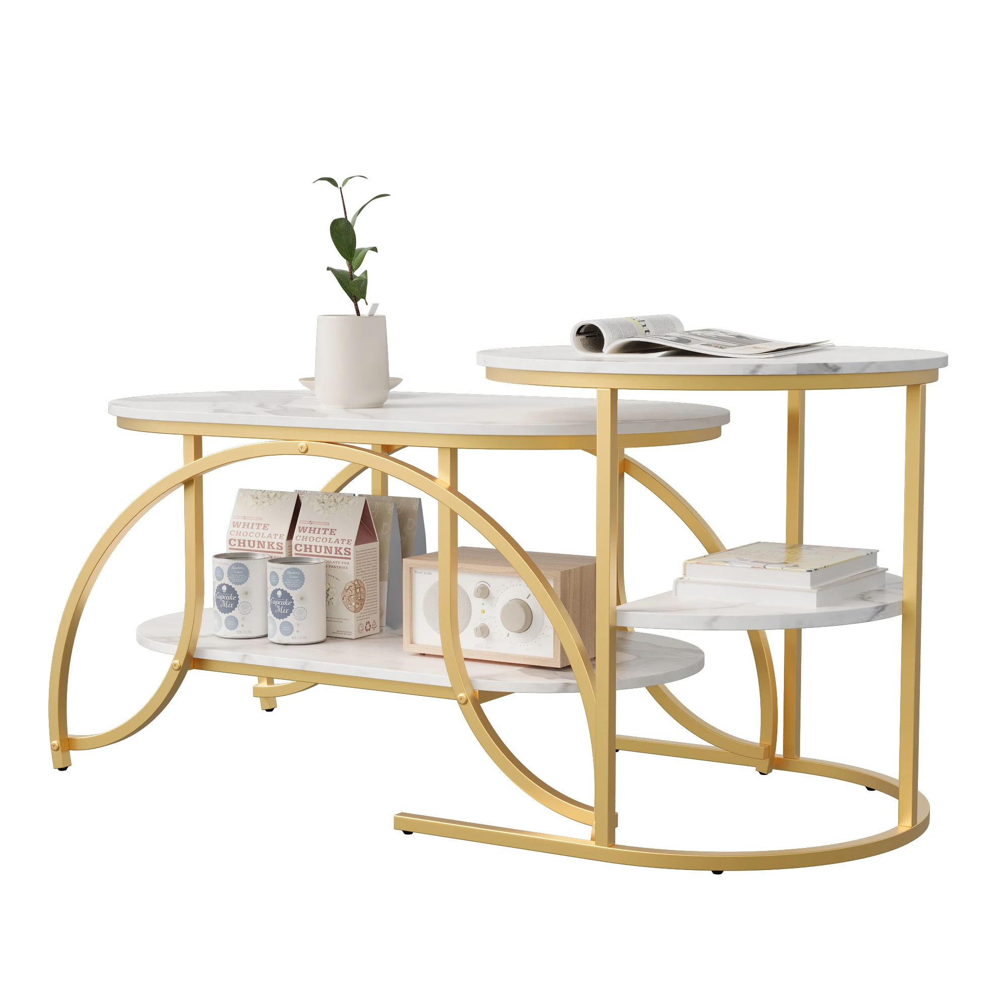 Zweiteiliges Couchtisch-Set, Runde und Ovale Beistelltische, Marmortextur, Metallrahmen, Wohnzimmer-Couchtisch, Stapelbar – Detail 6