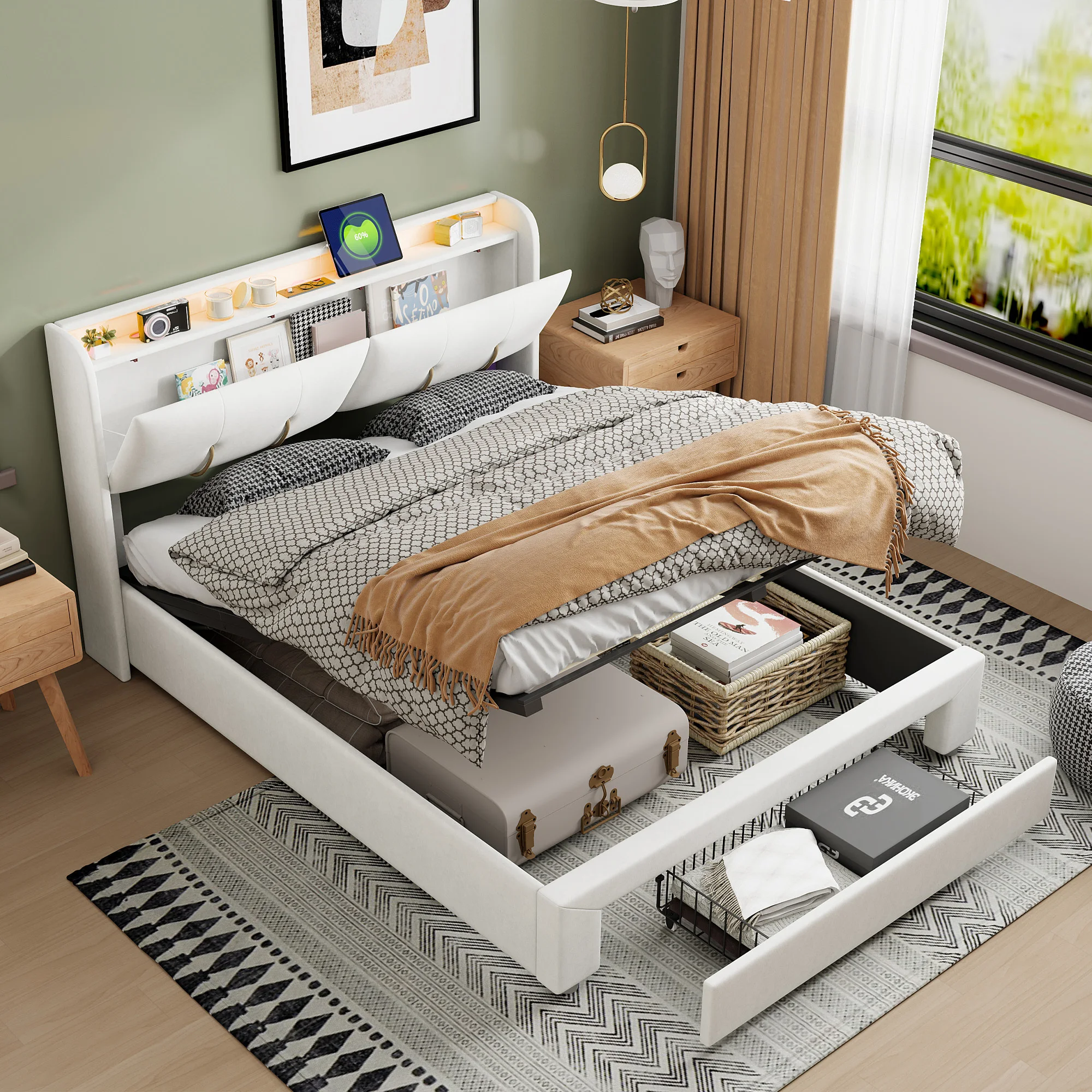 Anajqaqia, 140×200 cm Double Bed With Storage, Upholstered Bed With Gas-Lift Storage, Headboard Featuring 1 Metal Drawer, Velvet Finish, Off-White, Mattress Not Included