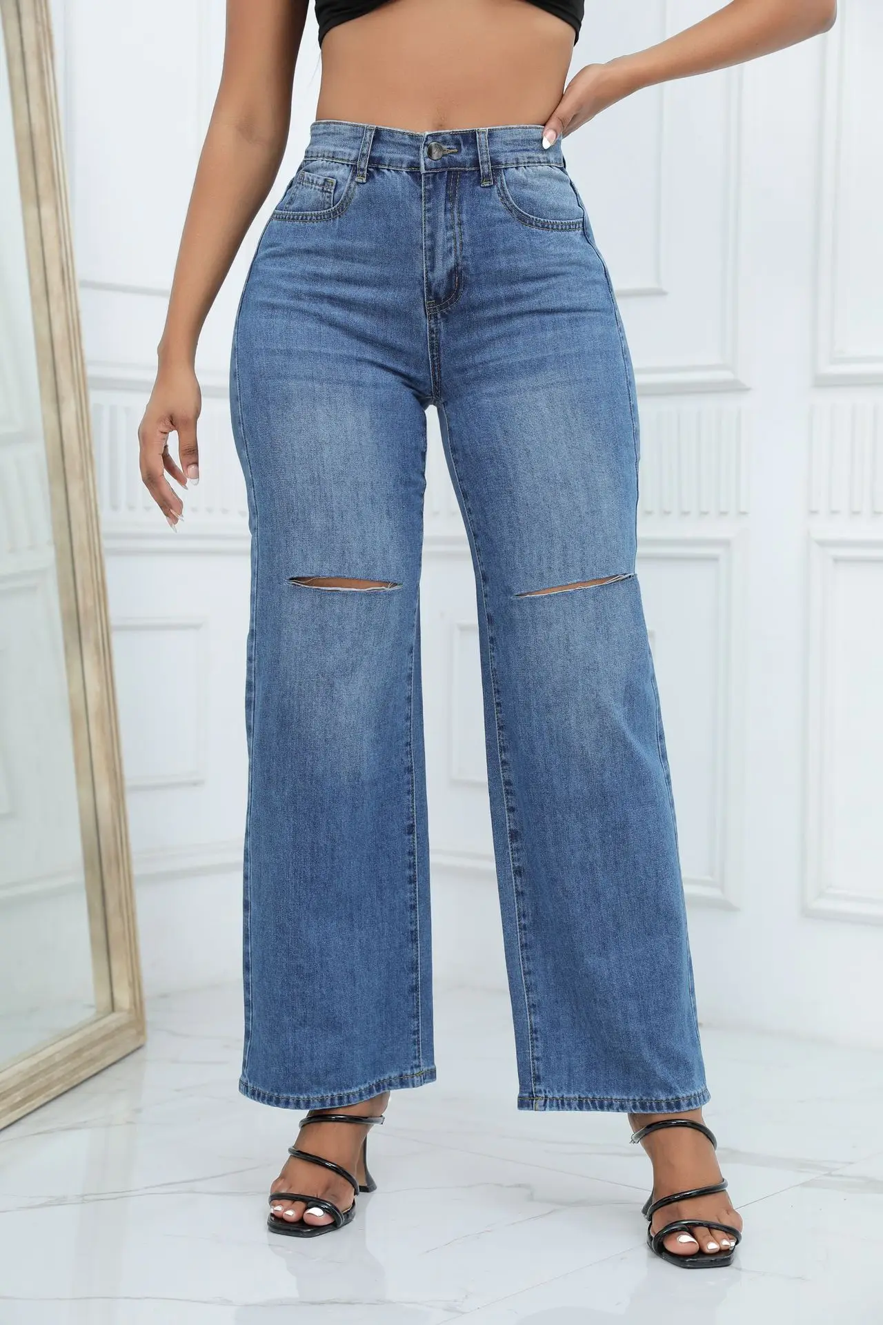 2023 autunno nuovi pantaloni Jeans strappati a vita media da donna moda Casual pantaloni a gamba larga in Denim elasticizzato alto XS-2XL Drop Shipping