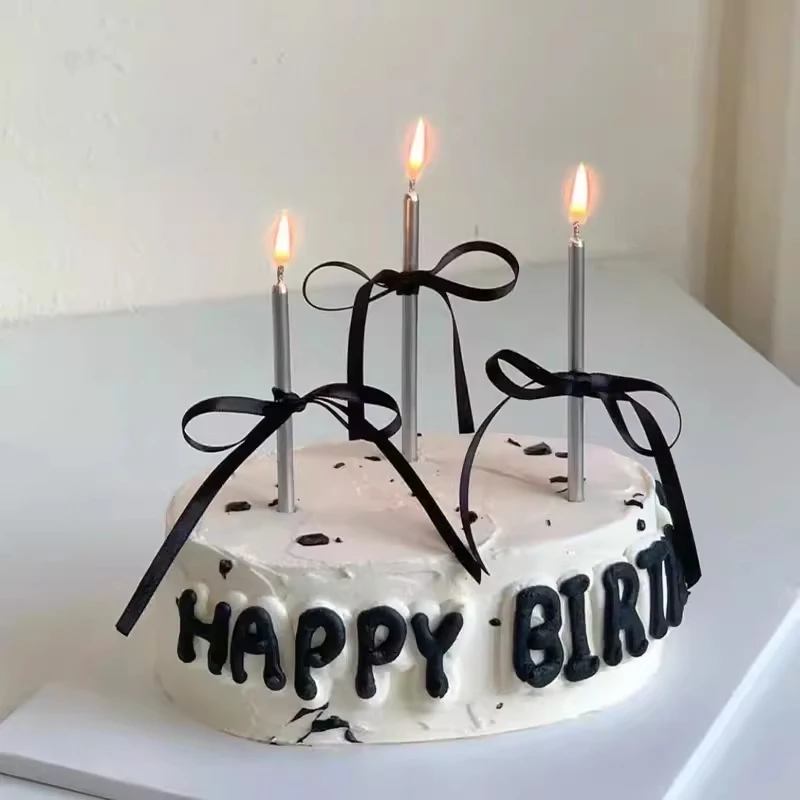 Birthday Candle Birthday Baking Cake Decorated With Black Bow Ribbon Straight Pencil Candle Dessert Table Decoration