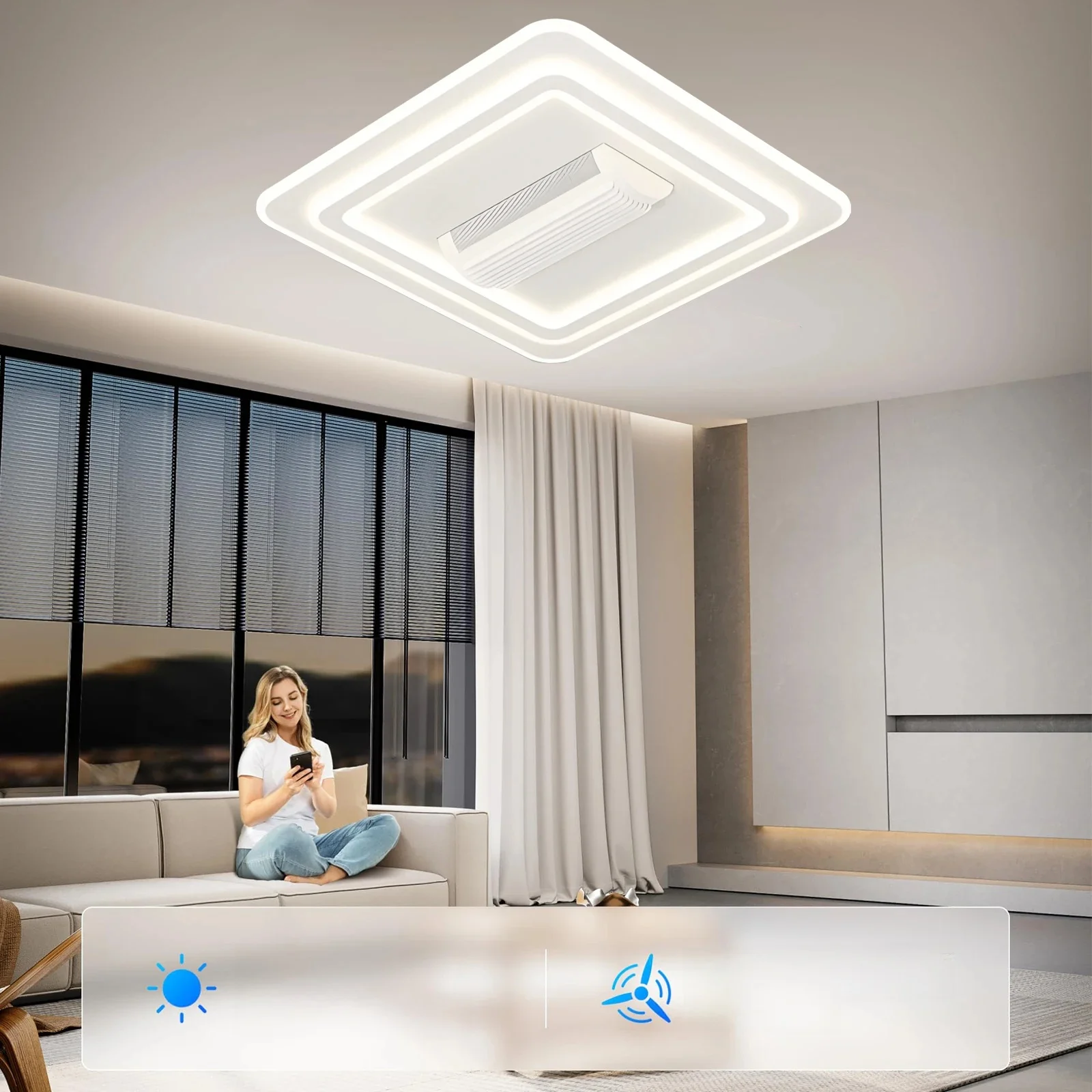 Intelligente LED-Deckenventilatoren mit Licht für Wohnzimmer, Esszimmer, unsichtbare blattlose Deckenventilatoren, Beleuchtung mit niedriger Bodendichtung