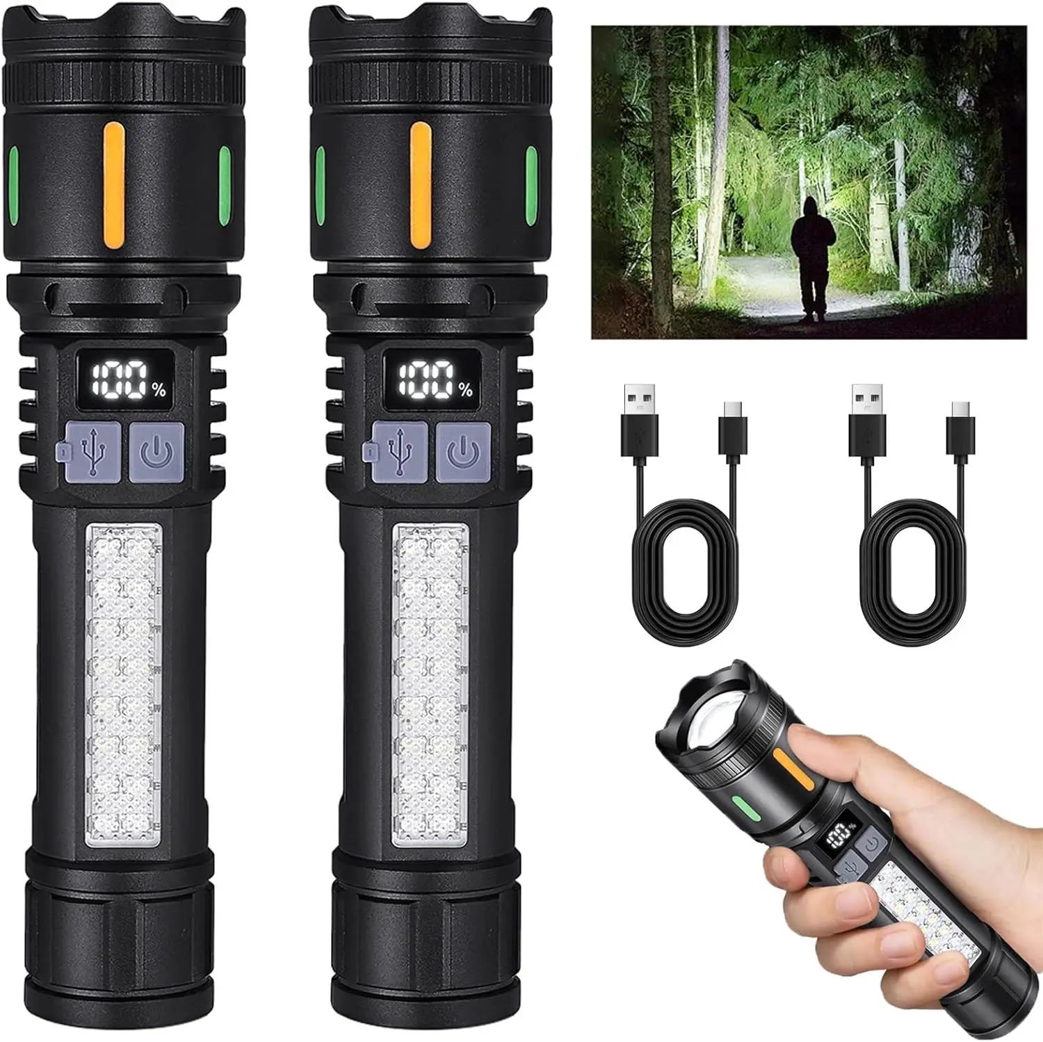 (2 Pcs) High Lumen Rechargeable Led Flashlights, 3000 Lumens, Super Bright Tactical Flashlight with Cob Side Light, 5 Light Modes, Ipx6 Waterproof, Powerful Handheld Flash Light for Camping