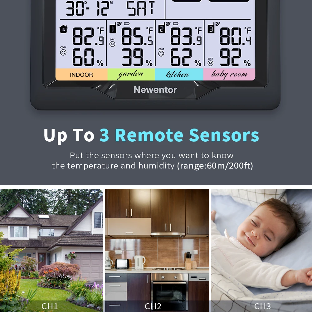Stazione meteorologica Newentor Q5 con 3 sensori sveglia igrometro per temperatura di umidità del sensore di previsioni Wireless per interni