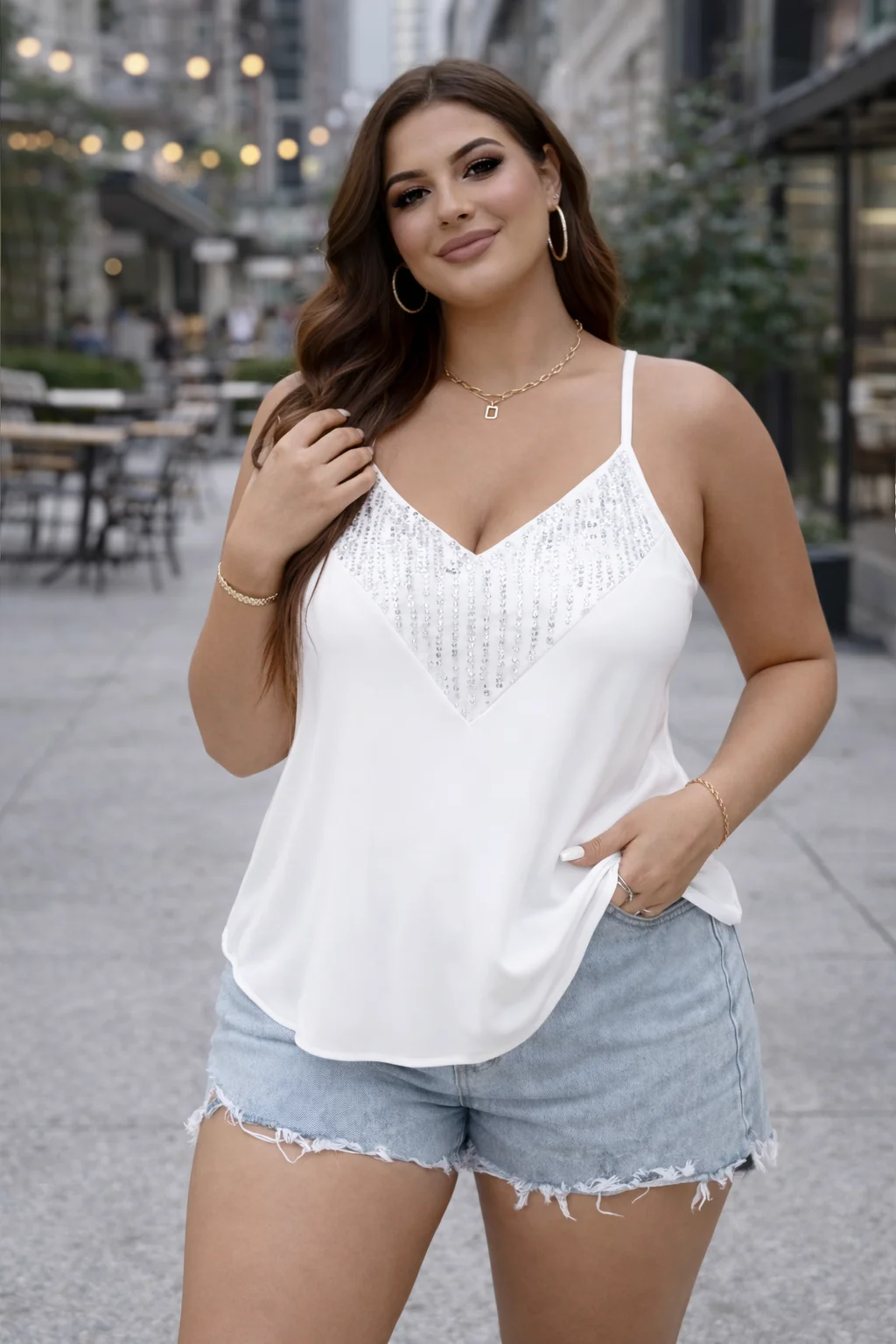 

Plus Size White Sequin Camisole Top Women Sexy V Neck Spaghetti Strap Stretch Glitter Tank Top Summer Party Club Cami