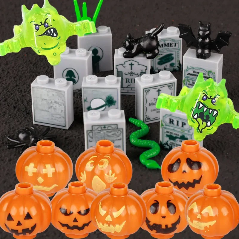 MOC-Kit de blocs de construction de couverture de tête de Aliments d'Halloween, équipement de sauna fantôme, accessoires de esprits maléfiques verts, jouets en briques, cadeau pour garçons