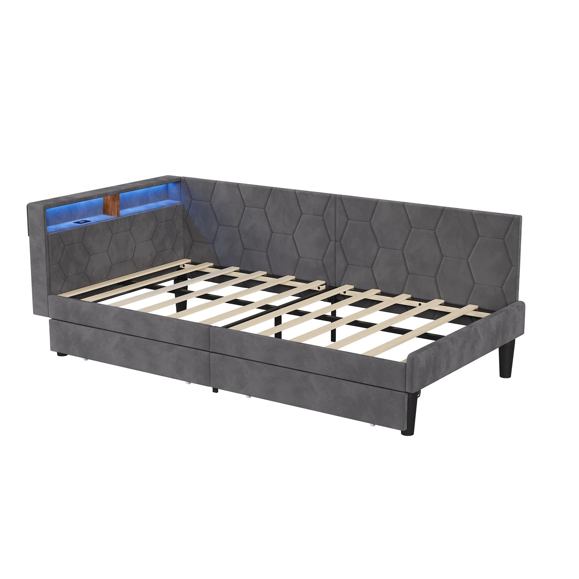 Anajqaqia 90x200cm Einzelbett mit 2 Metall-Aufbewahrungsschubladen, gepolstertes Tagesbett, breite Armlehnen und gepolsterte Rückenlehne, Bettgestell im Sofa-Stil aus grauem Samt für das Schlafzimmer