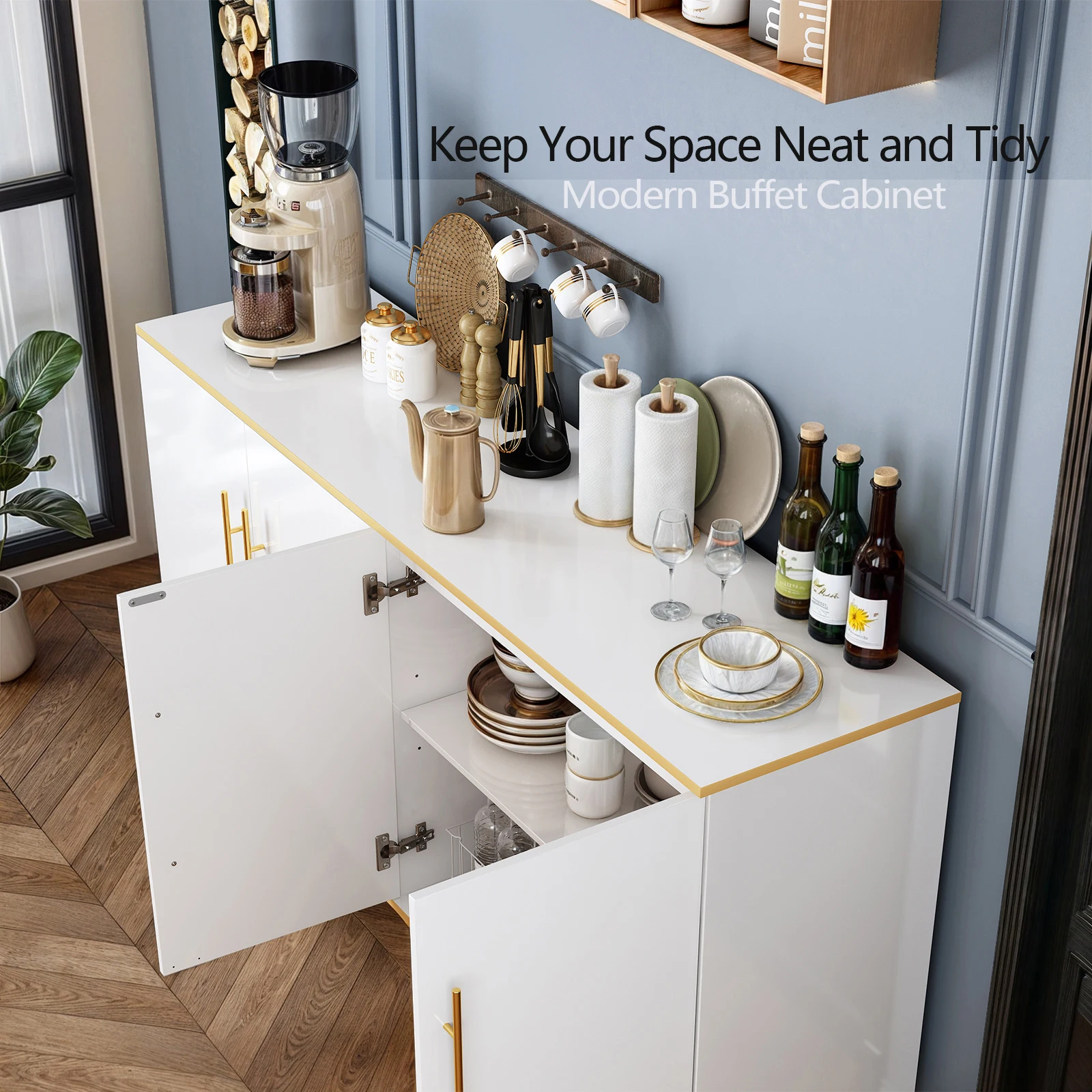 63" Buffet Cabinet with Storage,High Glossy Sideboard Cabinet with Adjustable Shelves & Doors,Modern Storage Console Table image 5
