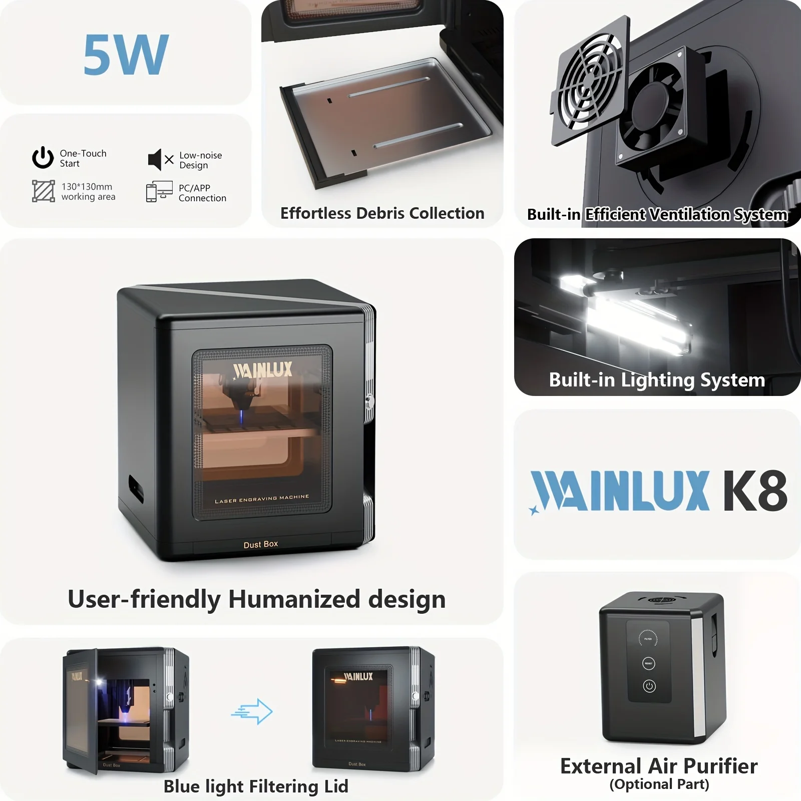 WAINLUX K8 5W/10W Mini Laser Engraver Machine,12000mm/min Laser Cutting And Engraving Machines For Wood And Metal