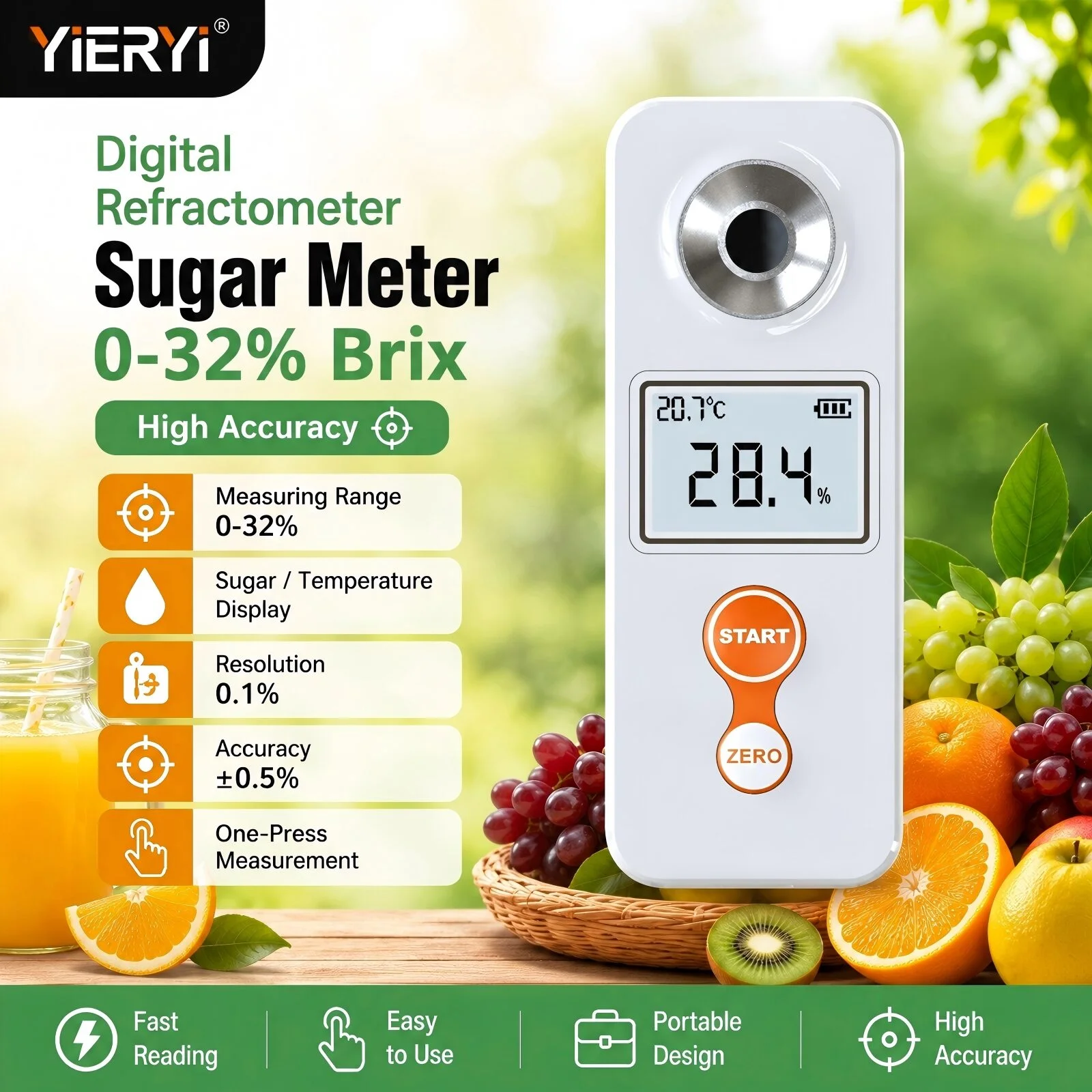 Yieryi Digital Refractometer 0-32% 0-53% Brix Meter IP67 Waterproof Rechargeable Sugar Content Tester for Fruit Juice Jam Sauce