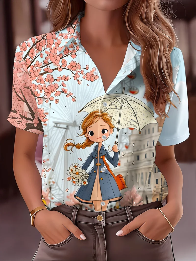 

Fun cartoon pattern printed shirt, women's summer short sleeved lapel printed shirt, fashionable street style personalized shirt