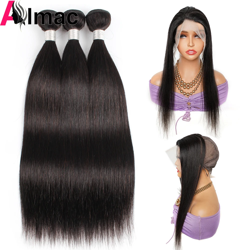 Indian Straight Human Hair Bundles With 13x4 Transparent Lace Wig Cap Double Weft Remy Hair Extension Wtih Frontal 95g/PC Almac