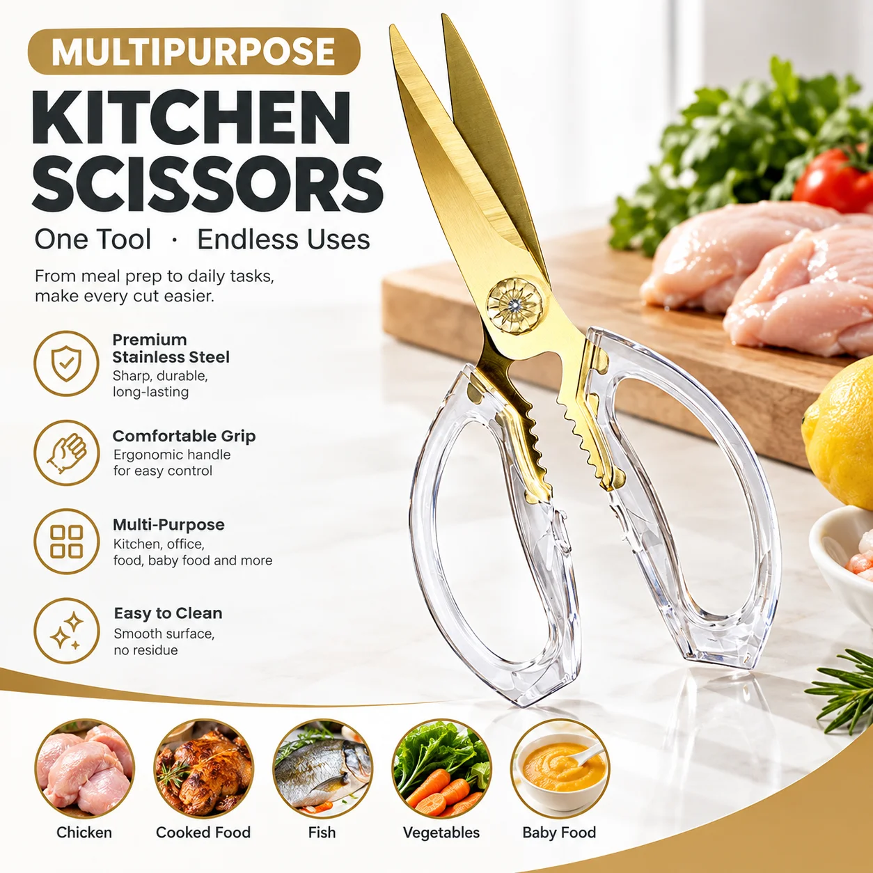 Multipurpose Kitchen Scissors with Clear Handles, Stainless Steel Food Shears for Chicken, Fish, Meal Prep and Baby Food