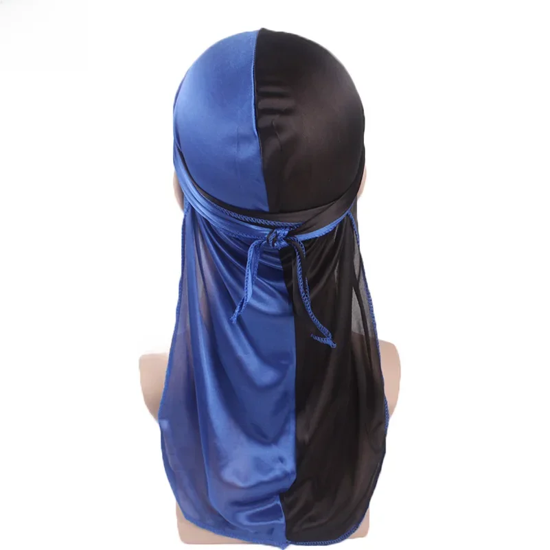 Nowe mody podwójne kolory miękka satyna Durag męska jedwabiście patchworkowa Durags bandany Turban nakrycia głowy z pałąkiem na głowę kapelusz akcesoria do włosów — zdjęcie 2