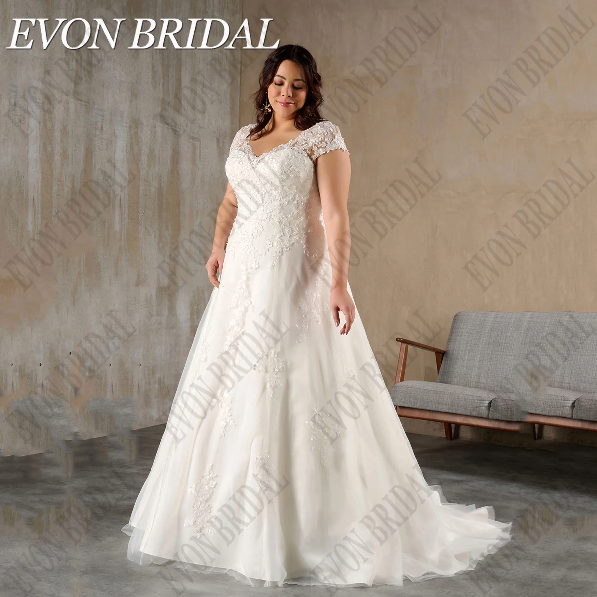 

EVON BRIDAL Gorgeous Wedding Dress Plus Size Women Lace Robe De Mariée Cap Sleeves V-Neck Sweep Train Bride Gowns Customized