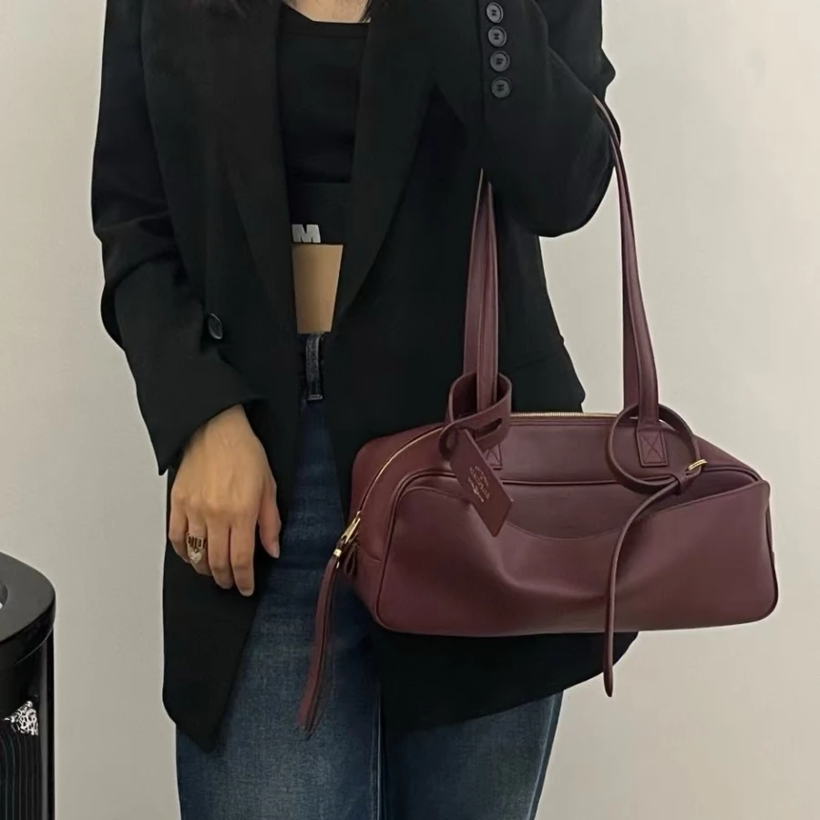 Fashion Genuine Leather Bowling Bag For Women Large Capacity Tote Shoulder Bag Underarm Purse High Quality Crossbody Handbag