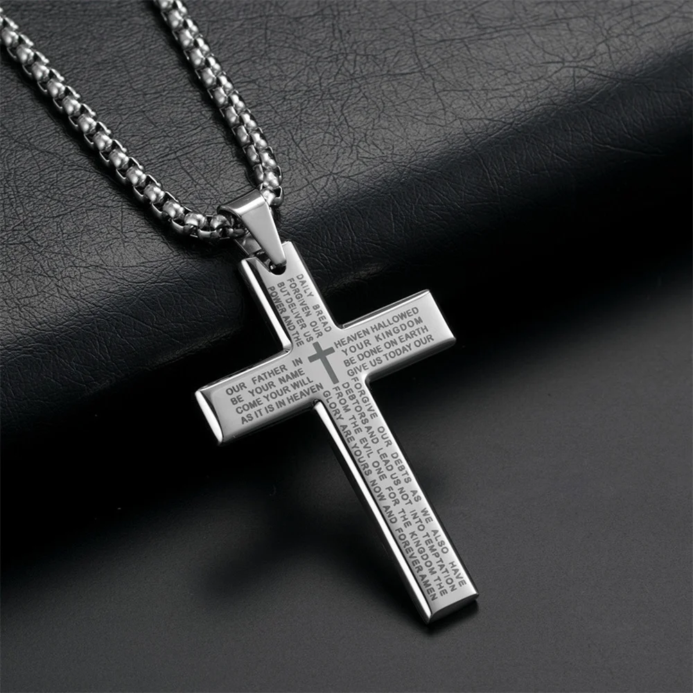 Mode Bibel Jesus Kreuz Anhänger Halskette Hip Hop Männer Edelstahl Anhänger Halskette für Frauen Retro Religiöse Gebet Schmuck – Detail 2