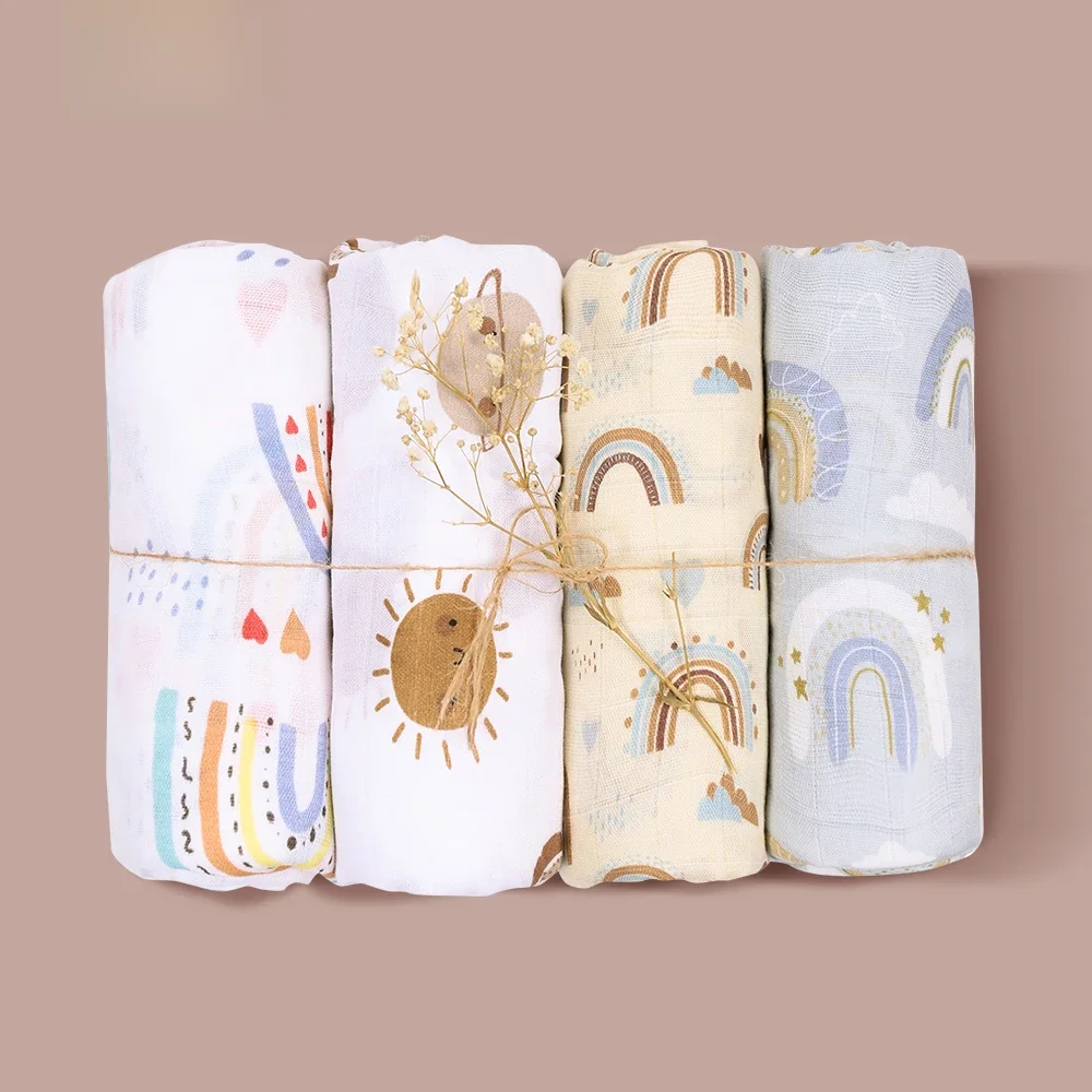 Elinfant Rainbow Color 100% Cotton 4PCS Gift Set Popular Muslin Swaddle Blankets Bamboo Cotton Newborn Baby Bath Towel Wrap