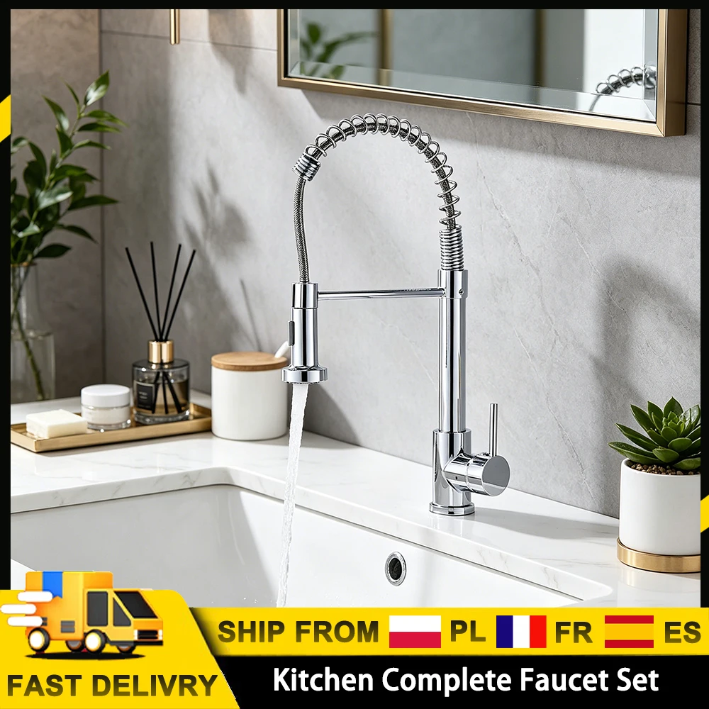 Robinet de cuisine complet, ensemble robinet eau chaude et froide, mitigeur d'évier de cuisine extractible, montage sur plan, en laiton massif avec valve en céramique pour usage domestique