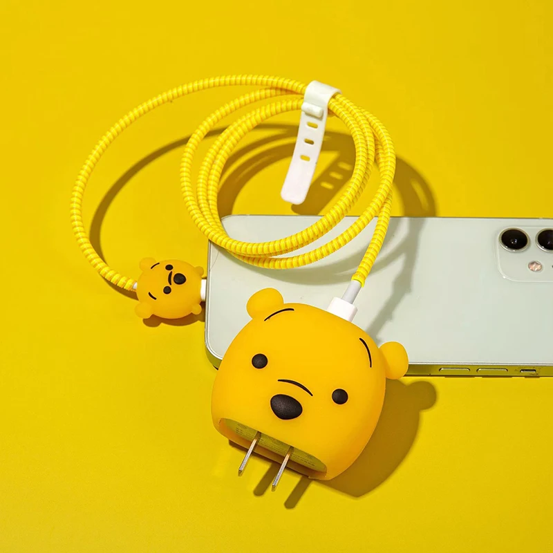 Disney Winnie the Pooh Cartoon Cable Protectors Set - Fast Charging PVC Cable Head Cover & Accessory Sleeve for IPhone 18W/20W,