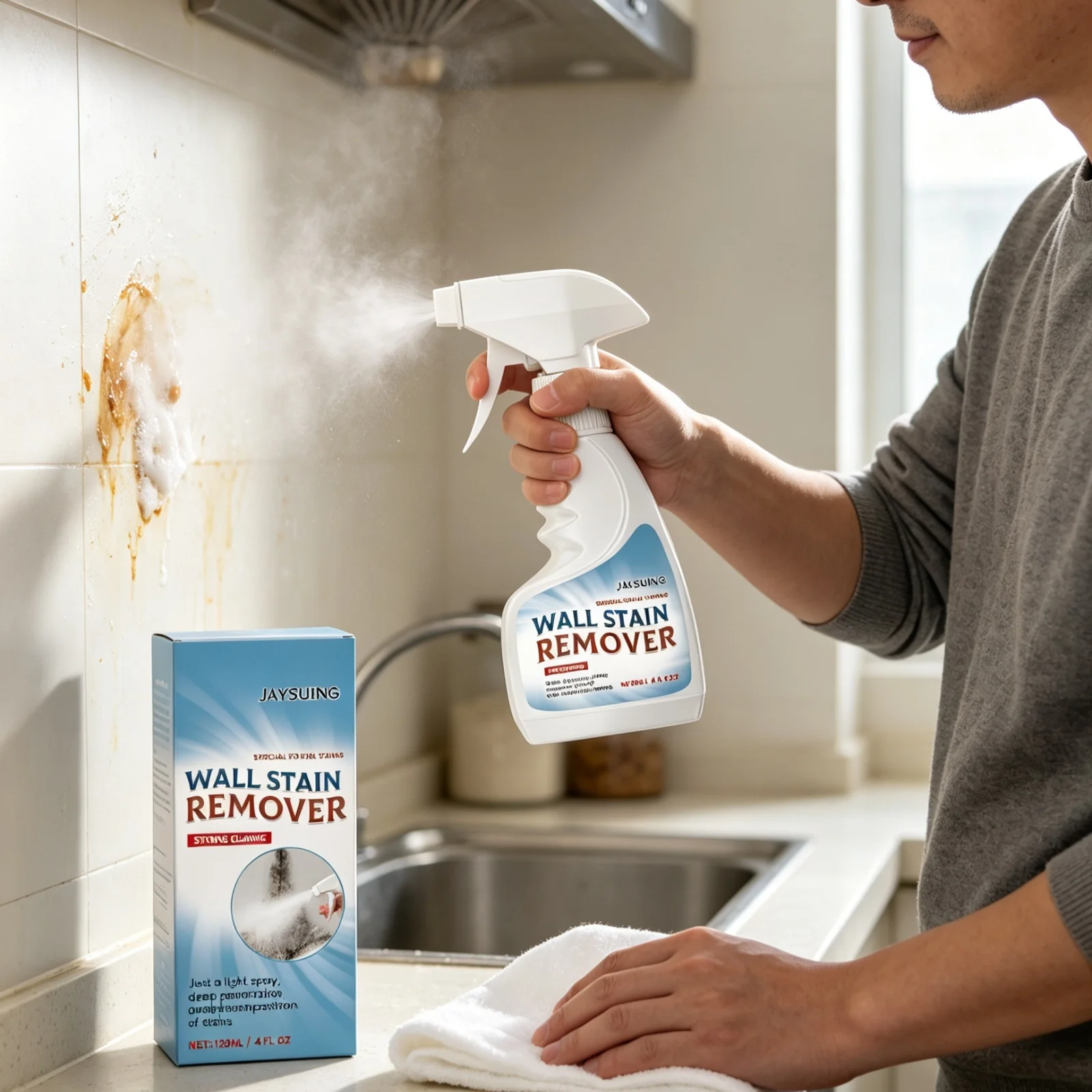 JAYSUING Wall Stain Remover Spray Powerful Decontamination Penetrating Cleaning Restore Brightness Stubborn Stain Cleaner 120ml