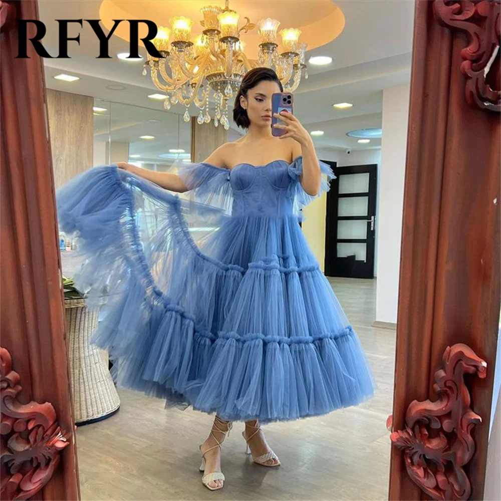 

RFYR Tulle Off the Shoulder Evening Dress Sweetheart Short Sleeves Prom Gowns Wedding Guest Outfits Robes De Soirée Customized