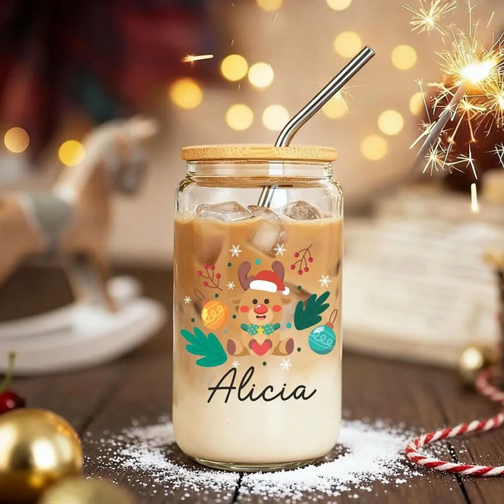 Personalized Cartoon Reindeer Christmas Glass Can Cup Custom Name Print 16oz Iced Coffee Tumbler with Bamboo Lid & Straw