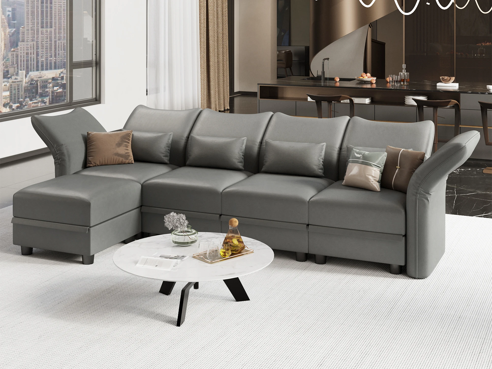 Faux Leather Convertible Sectional Sofa with Storage,Round Shaped Modular Couch with Reversible Chaise for Small Place,Grey