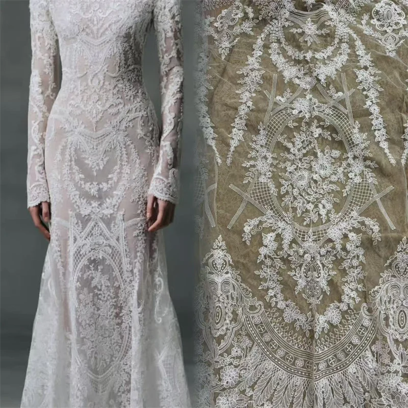 Unique Off White Mesh Embroidery Floral High Quality Bridal Lace Fabric DIY Sewing Accessories Fabric Clothes