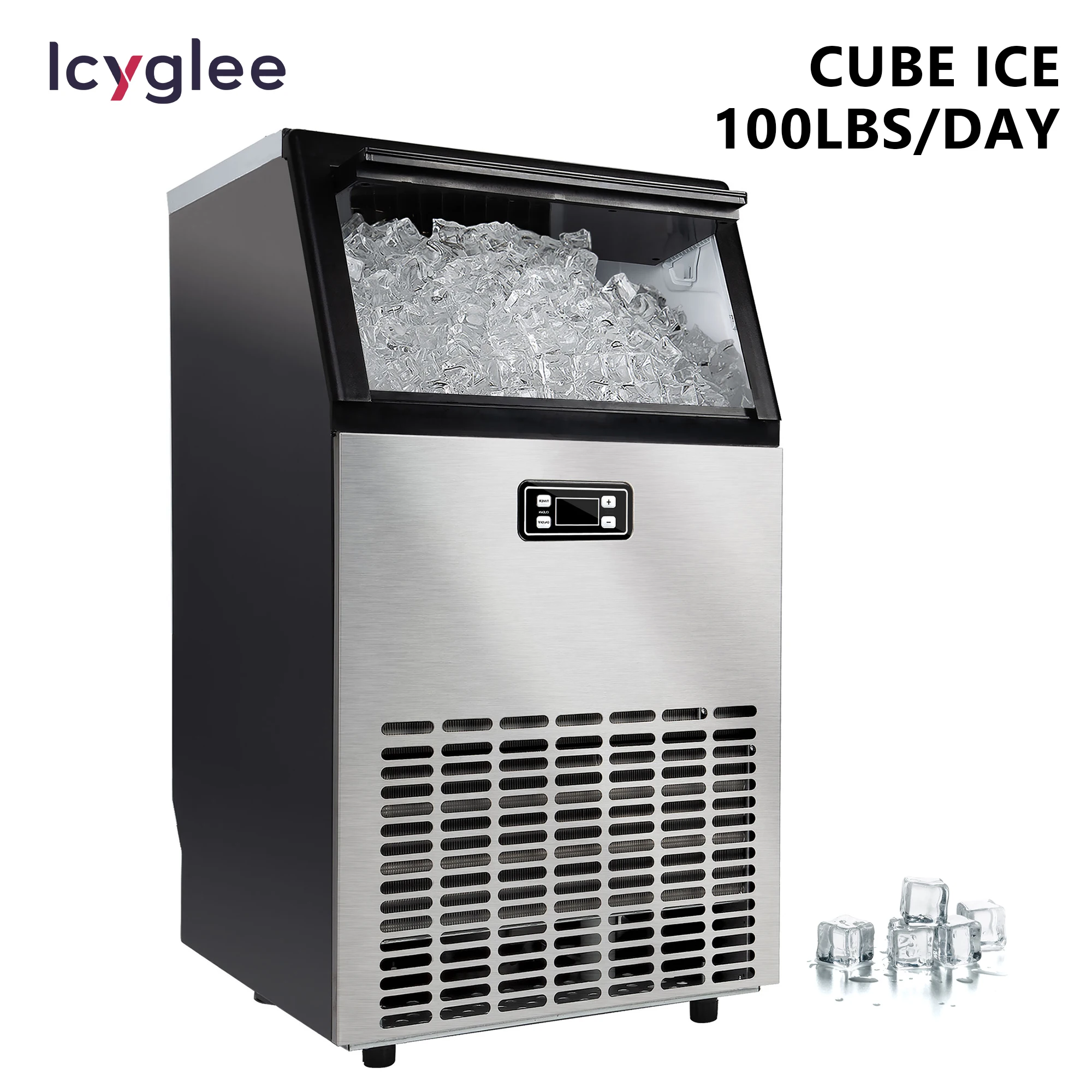 ICYGLEE Commercial Cube Ice Maker Machine 100lbs/24H 33lbs Ice Storage Capacity Stainless Steel ice Machine for Bar Restaurant