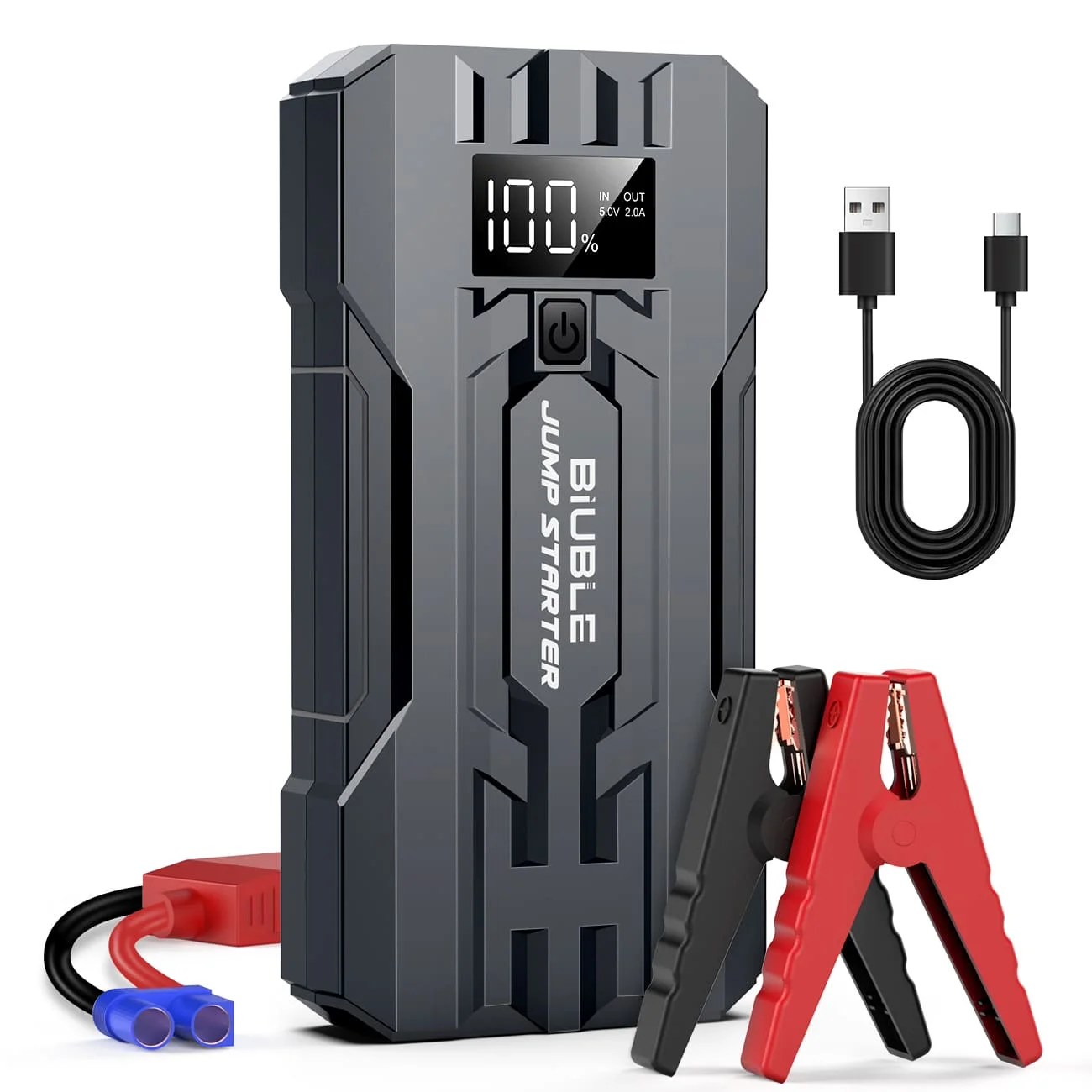 BIUBLE 7000A: avviatore portatile per auto con torcia a LED, ampio display LCD, kit di avviamento di emergenza per batterie da 12 V, ricarica tramite USB-C, include cavi di avviamento e adattatore di