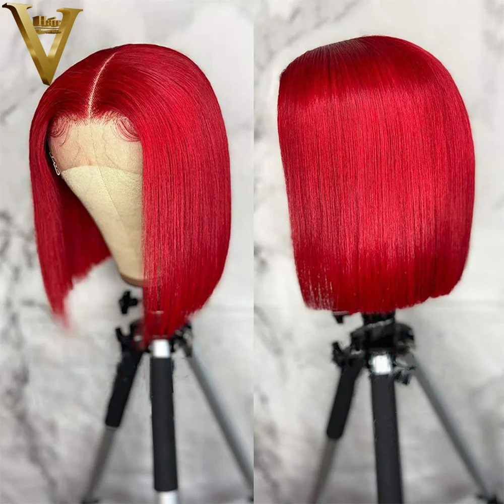 Red Straight Lace Frontal Bob Wigs Remy Pre Plucked Hairline Brazilian Human Hair Short Wigs Hd Transparent Wig For Black Women