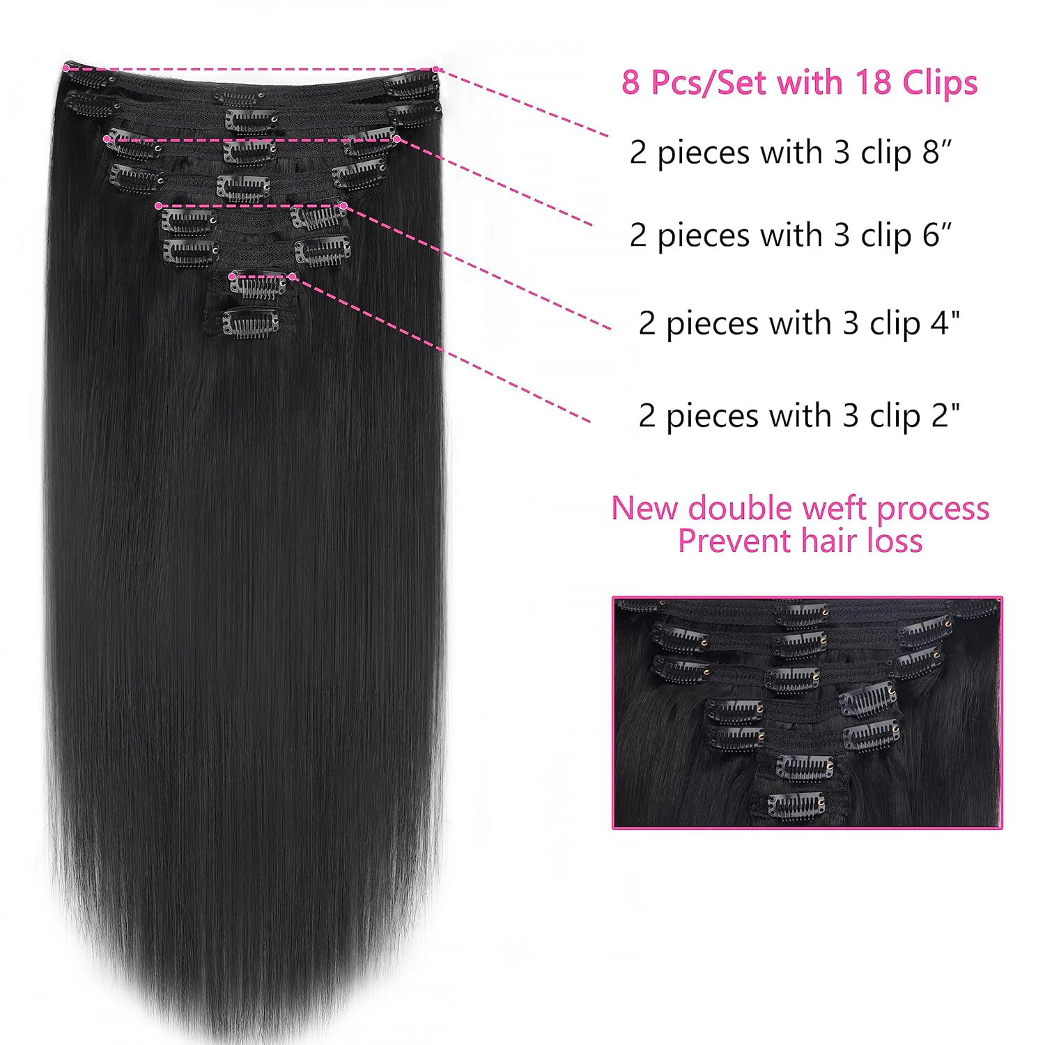 Straight Clip in Hair Extensions Brazilian Real Human Hair Clip ins Hair Extensions 8pcs with 18Clips Clip on Hair Extensions 1B