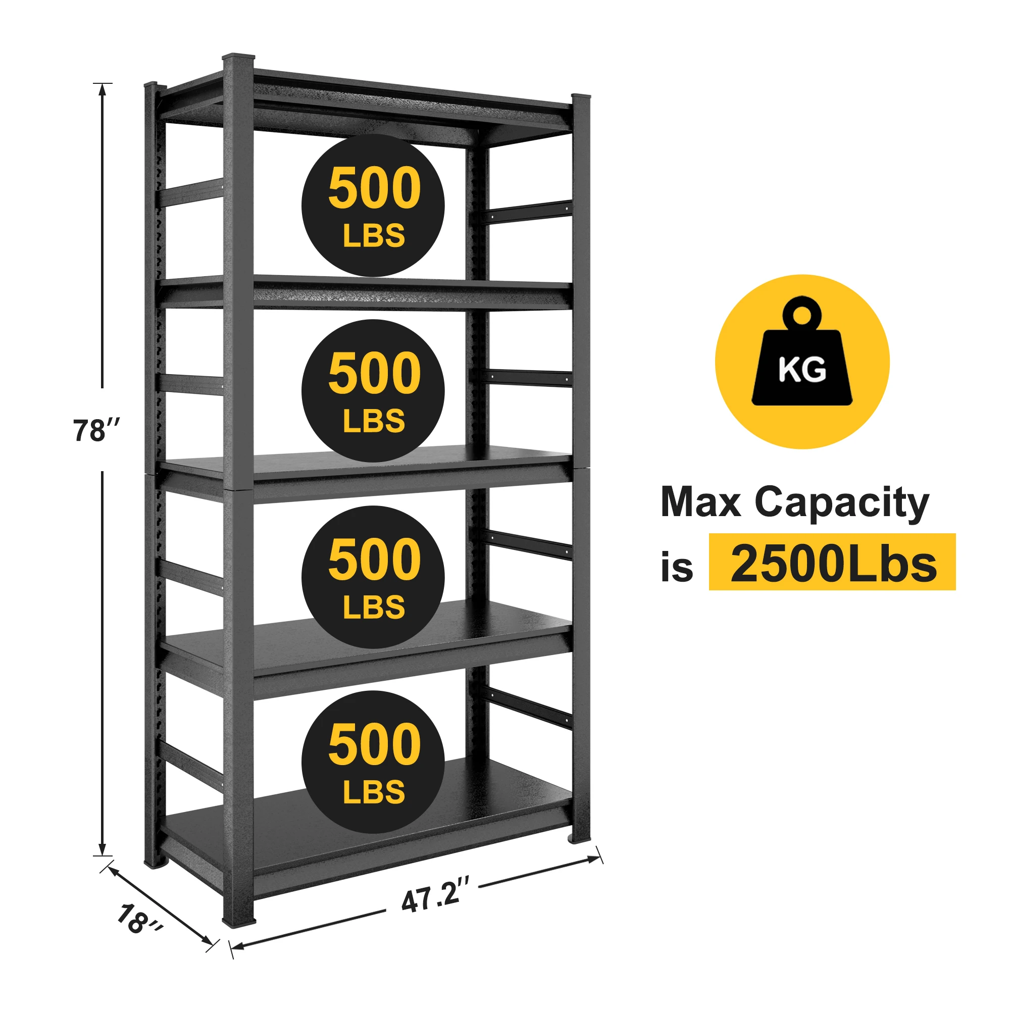 

5-Tier Heavy Duty Metal Shelving, Adjustable, 2000LBS, H78" x W47.2" x D18", for Garage, Kitchen, Pantry, Black