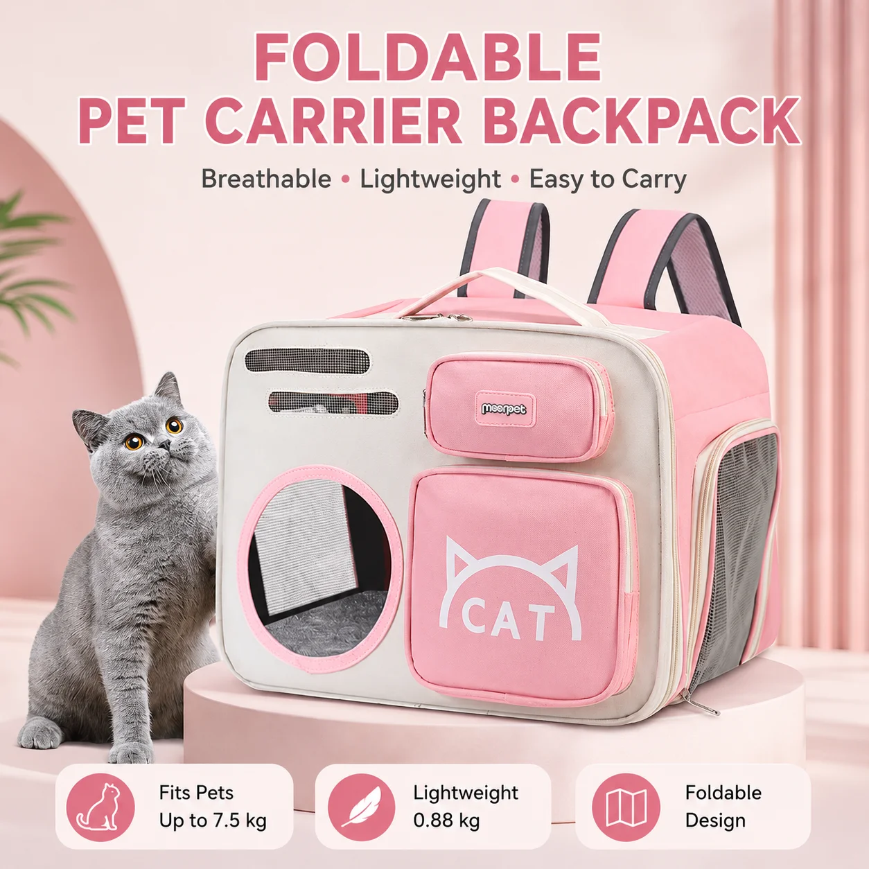 Foldable Pet Backpack, Anti‑Stress Cat Travel Carrier, Breathable Dual‑Use Shoulder & Hand Bag for Cats Outdoor Trip