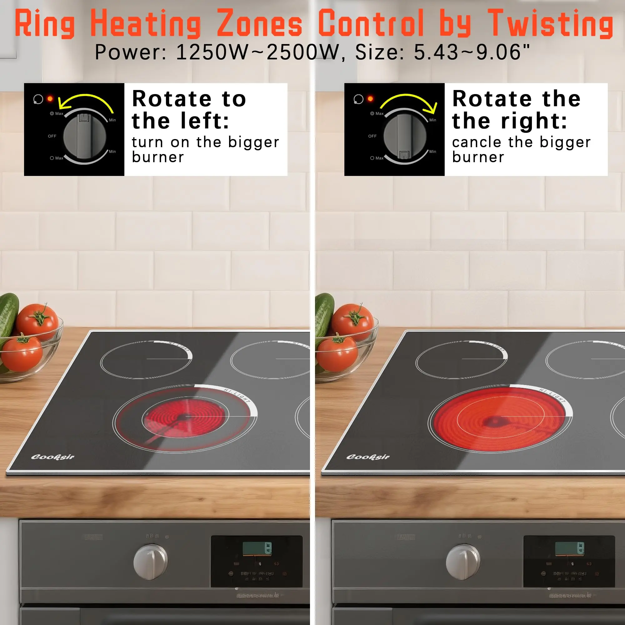 موقد كهربائي 36 بوصة - موقد كهربائي 5 شعلات مع طاقة عالية 8400 وات، تحكم في المقبض، سلكي صلب 220-240 فولت