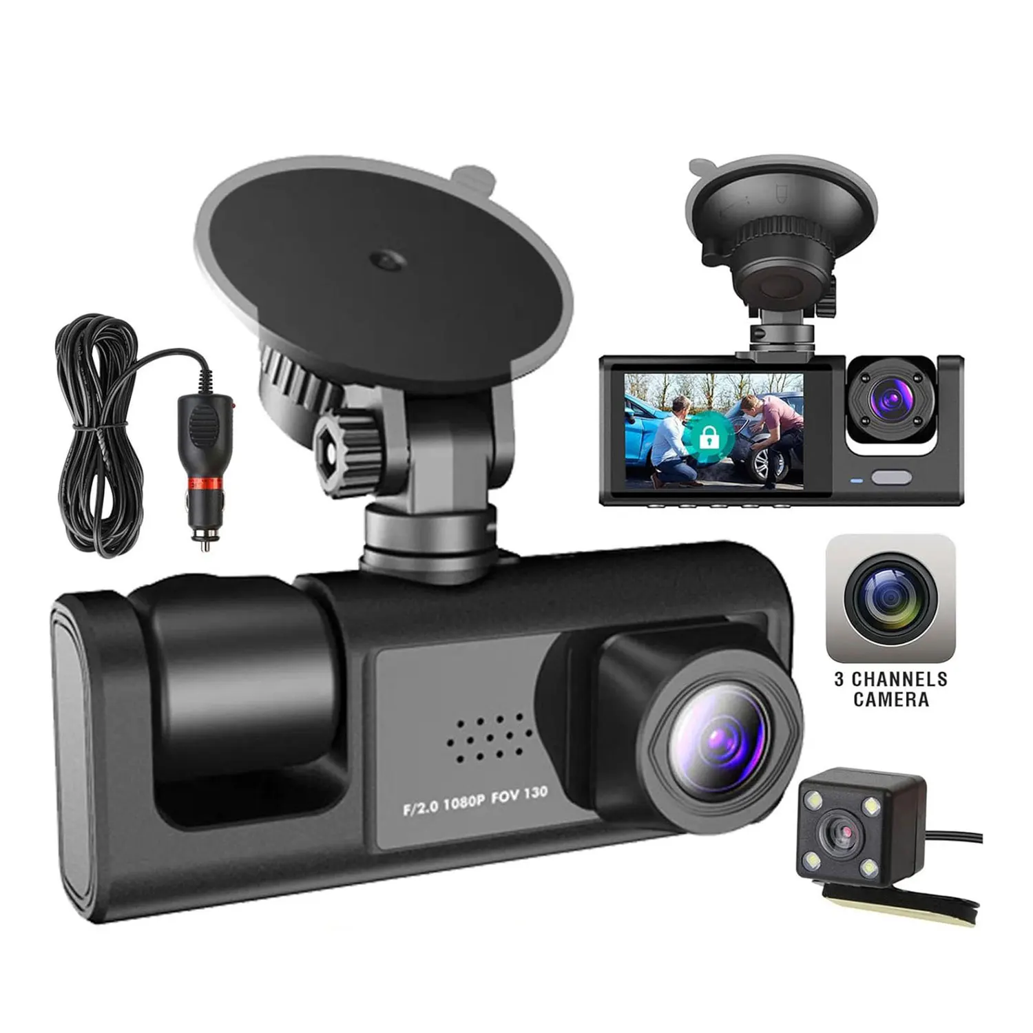 3 Channel Dash Cam Front and Rear Inside 1080P 3 Way Triple Car Camera with IR Night Vision Loop Recording