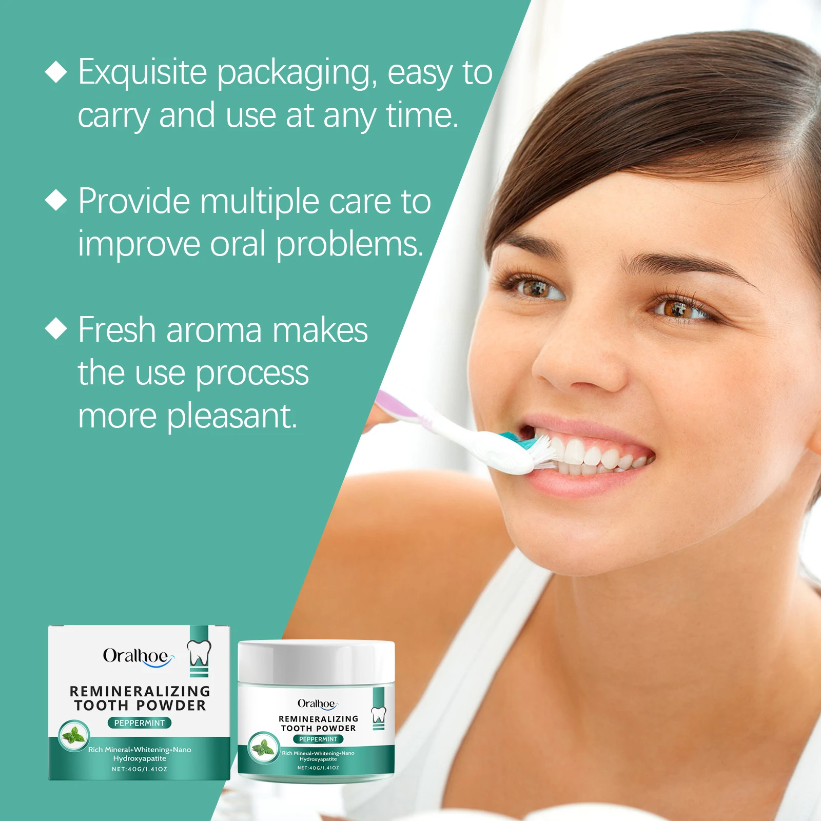 Oralhoe 40 г порошок для зубов со свежим дыханием, мятный вкус, удаление пятен налета, уход за полостью рта, чистый желтый отбеливание зубов, зубной порошок