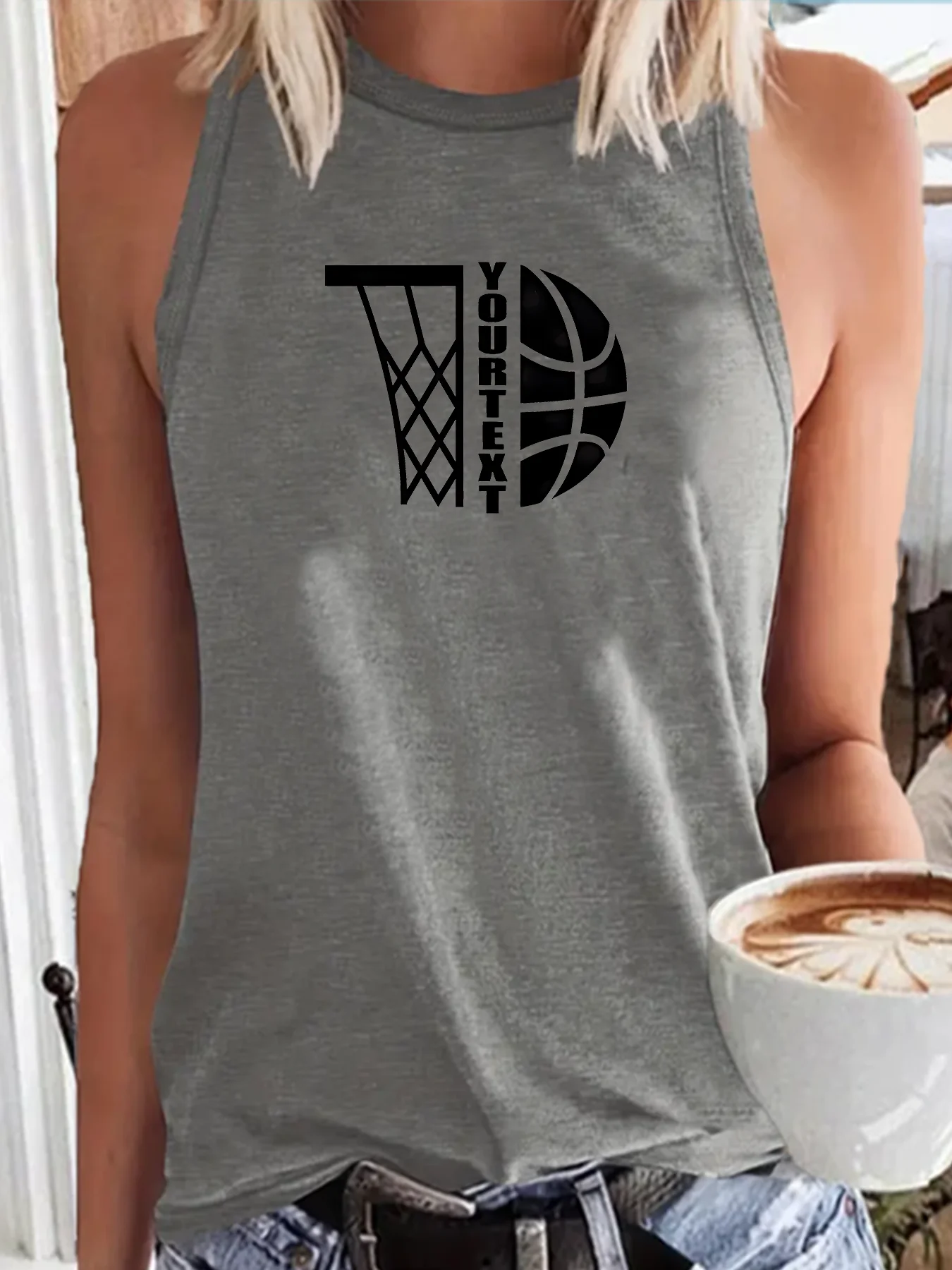 Basketball Your Text  Letter Print Fashion Funny Sports Women's Tank Top Loose O Neck Sleeveless Casual Tank