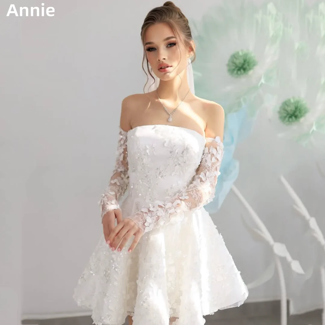 

Annie Glitter Lace Embroidery 3D Applique Prom Dresses White Evening Dresses Princess Mini Short Tulle فساتين سهرة