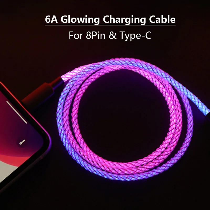 RGB 100W PD USB-C-Type-C 초고속 충전 케이블 66W 30W 흐름 iPhone Android 용 멋진 다채로운 빛나는 데이터 충전기 라인