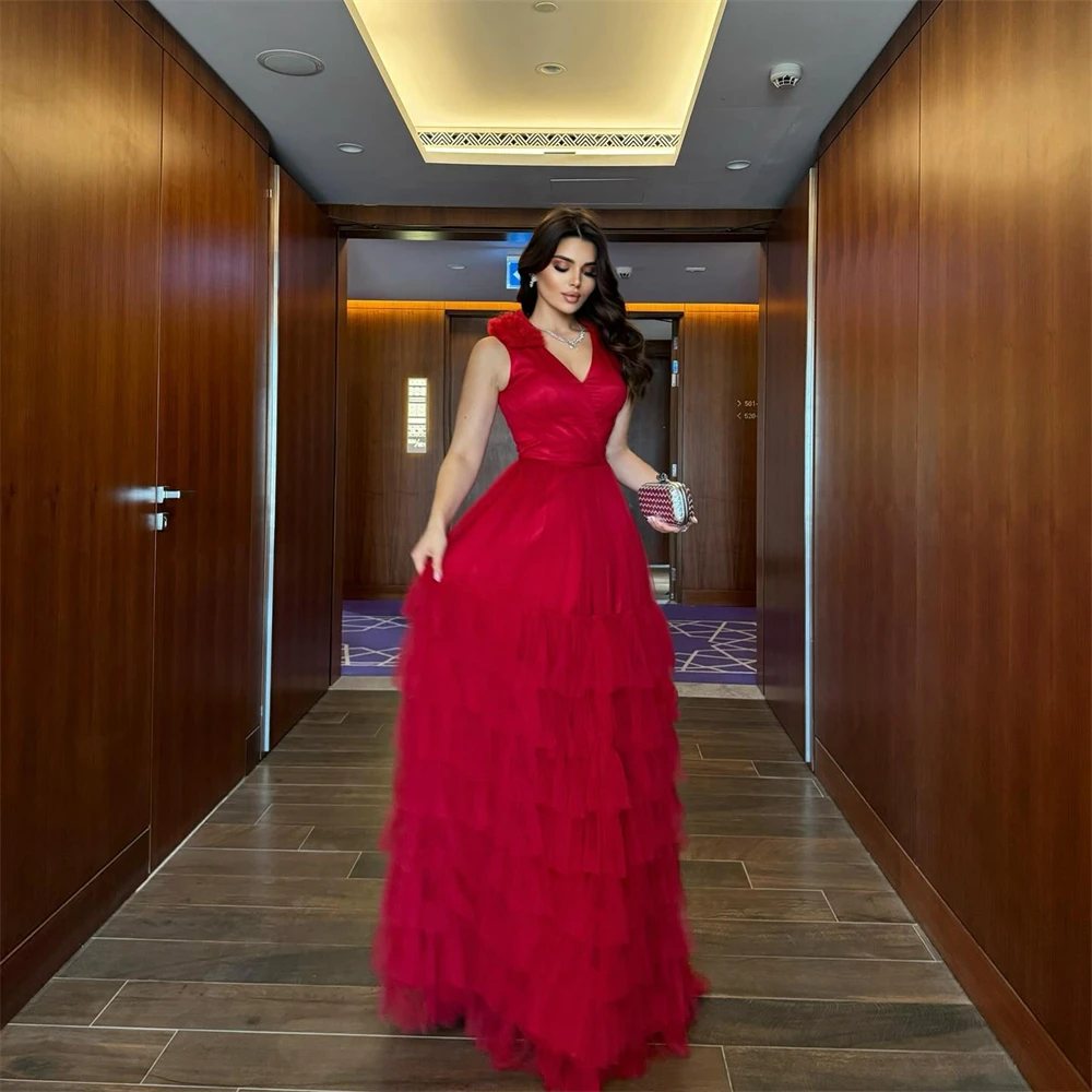Sansa Customized Red Halter Neck A-line Tiered Ruffle Prom Dress Sleeveless Vestidos De Noche Floor-Length Formal Evening 2025