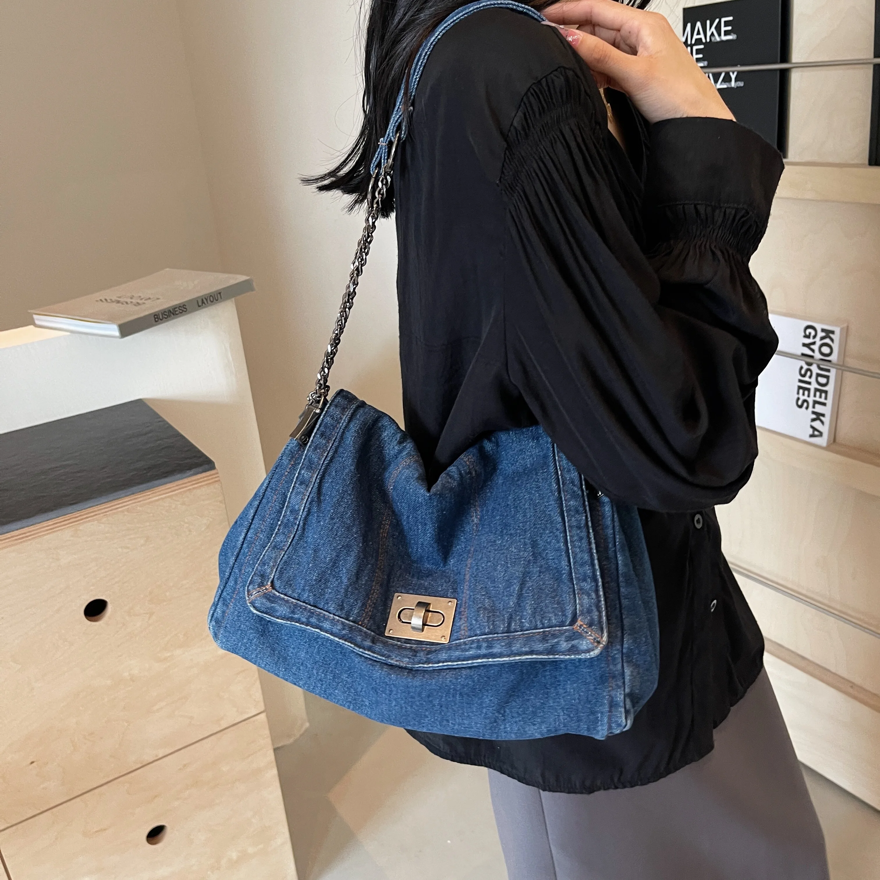 Denim bag bag women 2024 new fashion casual shoulder bag large capacity Tote bag class commuting crossbody bag