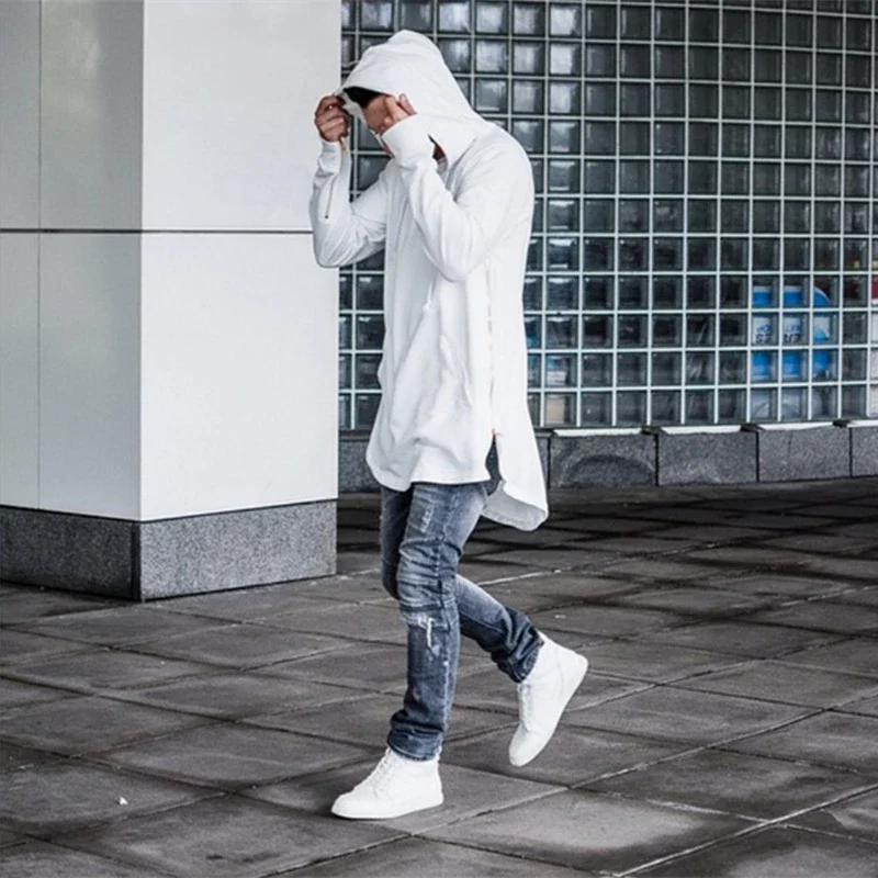 Nowe męskie bluzy z kapturem 2026, streetwear, hip hop, bluzy z długim zamkiem błyskawicznym, przedłużane bluzy męskie z kapturem dla mężczyzn. — zdjęcie 2