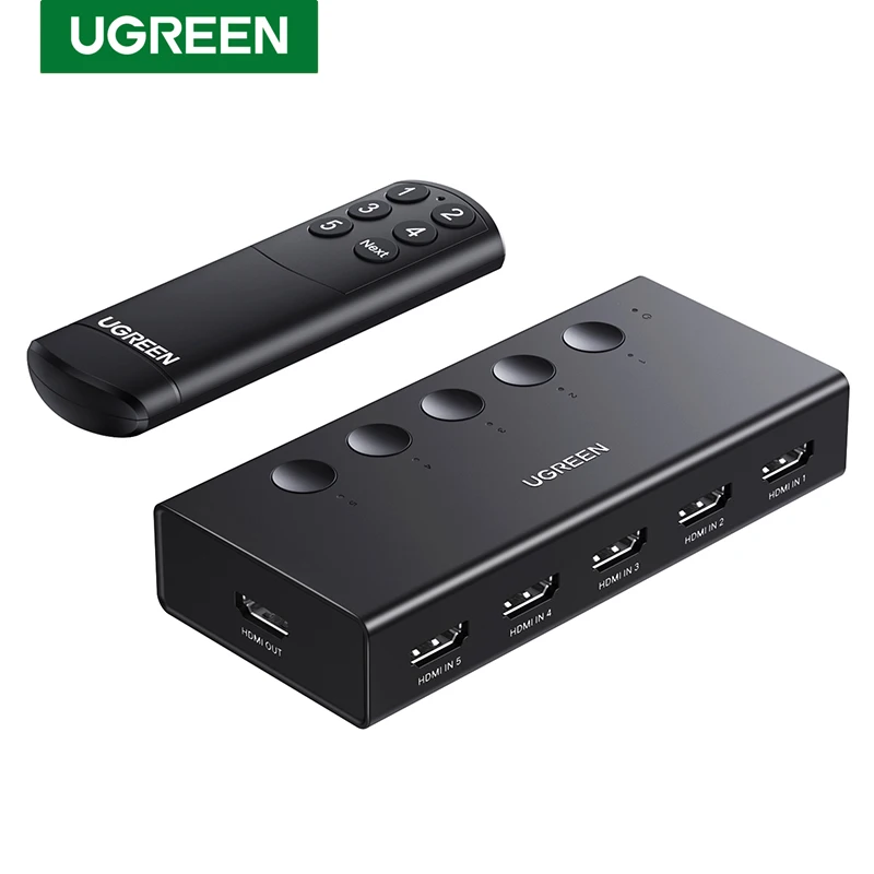 UGREEN Przełącznik HDMI 5 wejść 1 wyjście 4K@60Hz, rozdzielacz HDMI z pilotem 5-portowy przełącznik HDMI Obsługa 3D CEC HDR HDCP2.2 PS5/4