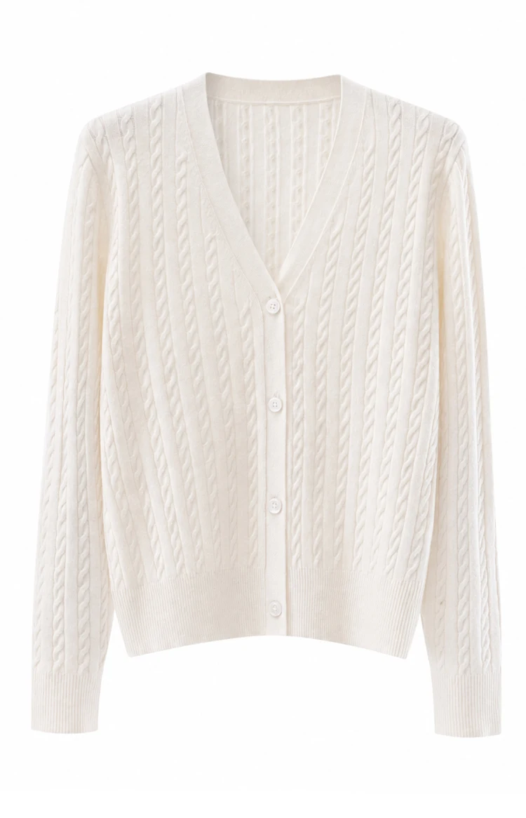 MZ62011 Damen Elegante V-Ausschnitt Zopfmuster Langarm-Strickjacke mit Knöpfen, Locker Geschnitten, Einfarbig, Modal-Mischung, Frühherbst-Pullover – Detail 4