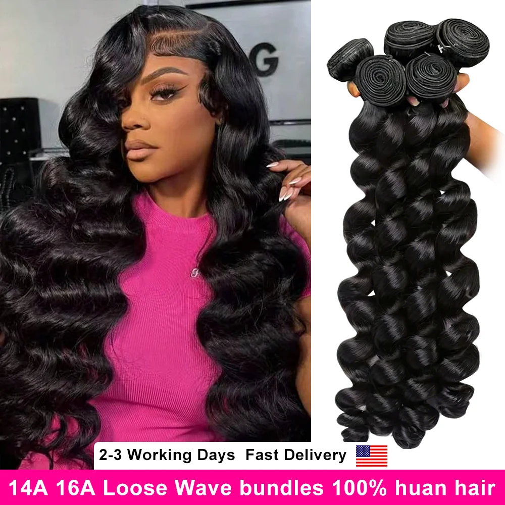 

14A Свободные волнистые необработанные вьющиеся пучки 100% наращивание человеческих волос с двойным утком, натуральные черные волнистые пучки, быстрое плетение, 40 дюймов