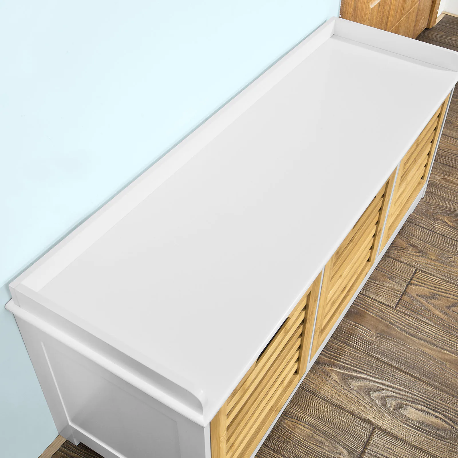 SoBuy FSR23-WN Moderne Schuhtruhe Sitzkommode mit 3 Körben Sitzbank Schuhschrank mit Sitzkissen Spieltruhe, aus Holzwerkstoff – Detail 2