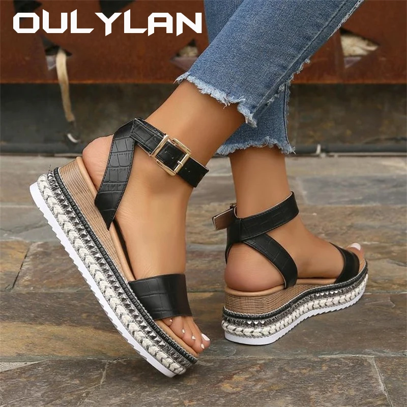 2024 High Quality Shoes Women\'s Shoes Solid Color Shoes Women\'s Sandals for Women Buckle Summer Casual Ladies Platform Sandals