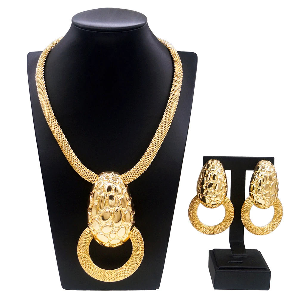 Necklace Earrings Women Jewelry Set Dubai Gold Plated Pendant Egg Shape Pendant Set of Two  Banquet  Gifts for women